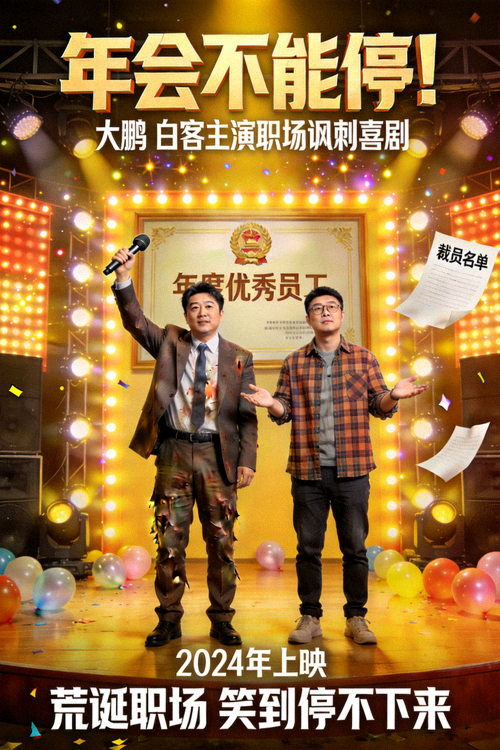 电影《年会不能停！》喜剧海报 - 大鹏、白客主演的职场讽刺喜剧